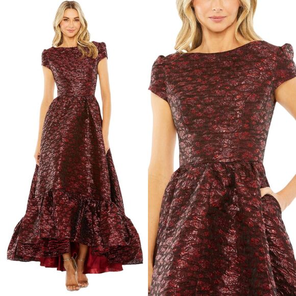 Mac Duggal NEW High Neck Brocade Short Sleeve Bubble Hem Dress Ruby $598 Size 10 - Picture 5 of 14